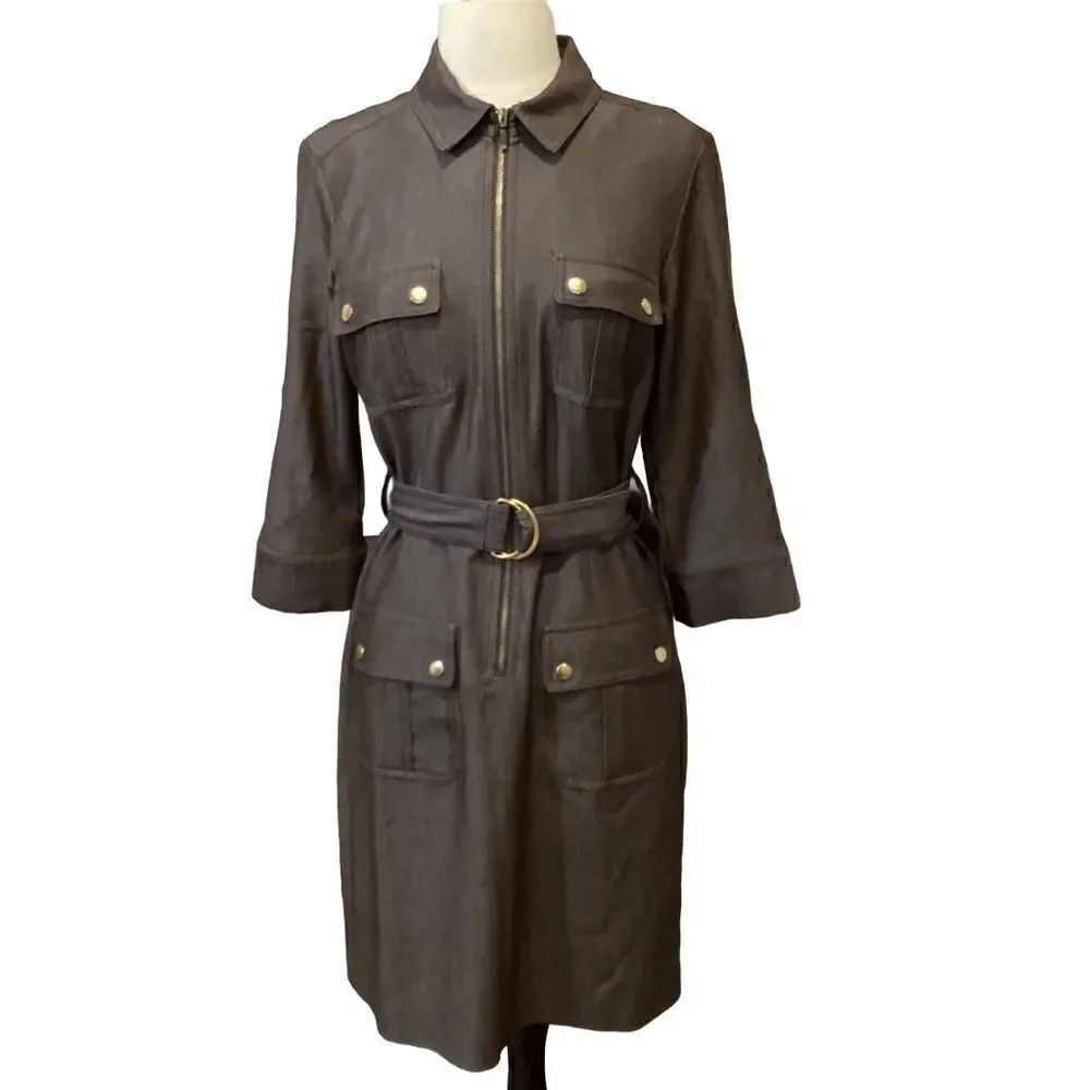 Sharagano Safari Shirt Utility Belted Dress Brown 6